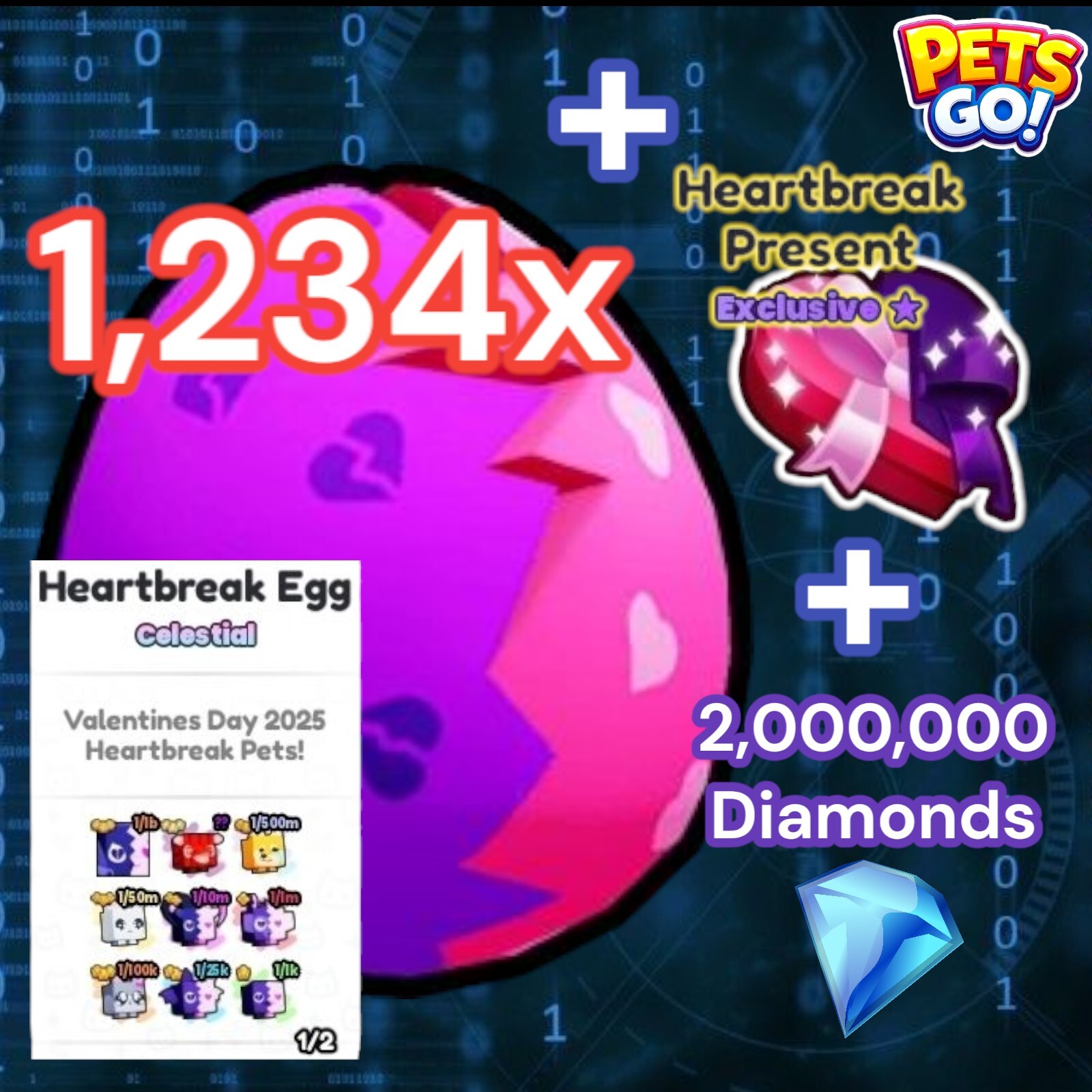 1,234x Heartbreak Eggs + Heartbreak Present + 2M Diamonds. Pets GO