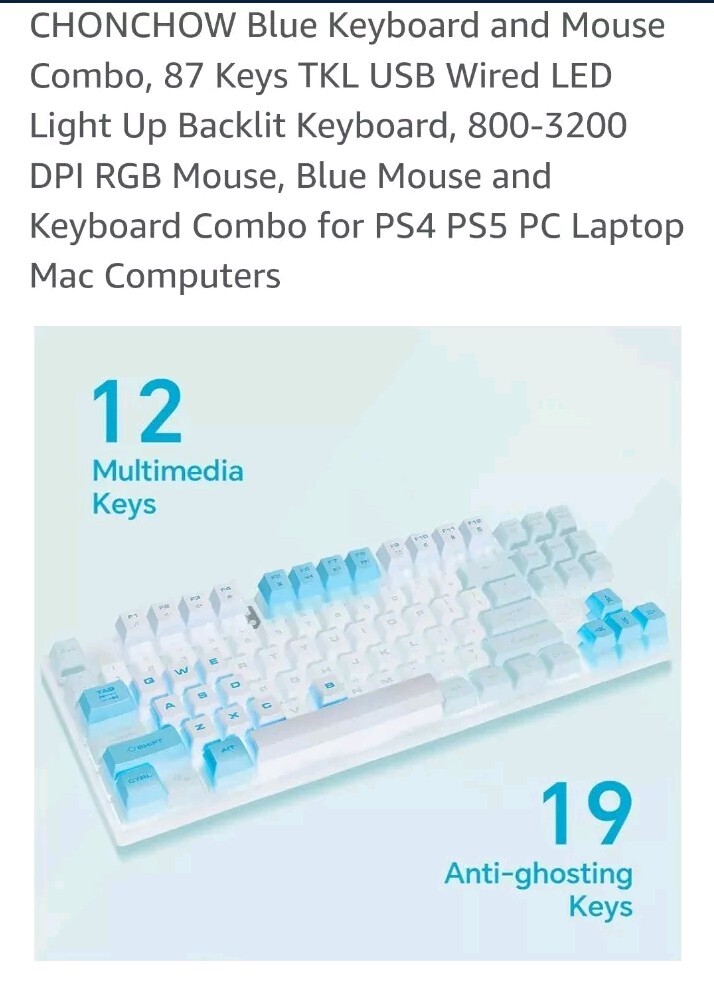 Blue Keyboard and Mouse Combo, 87 Keys TKL USB Wired LED Light Up Backlit Key…