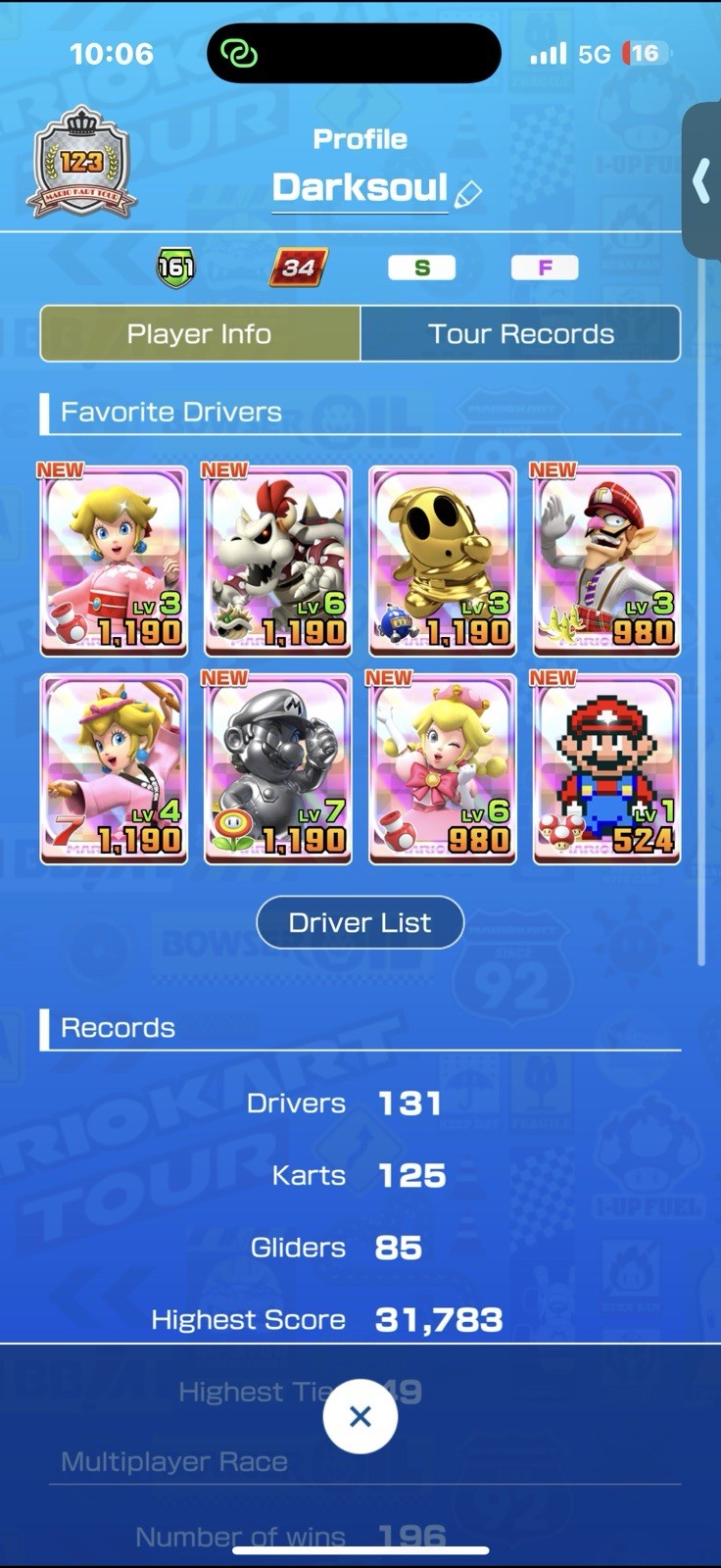 Nintendo Mario Kart Tour Account Android iOS 131 Drivers 125 Karts 85 Gliders