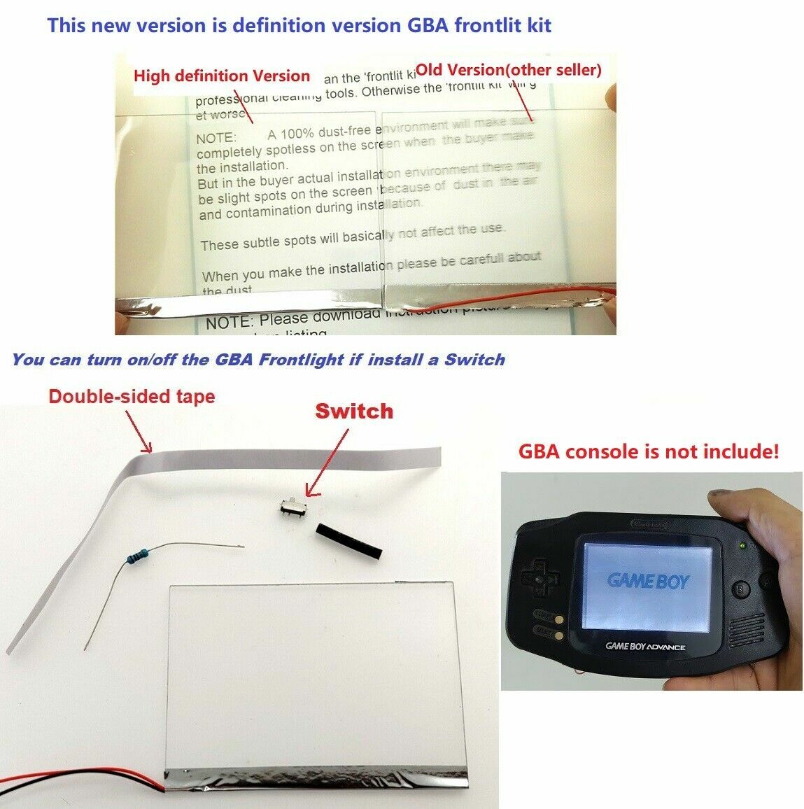 GBA Nintendo Game Boy Advance Frontlit Frontlight Front Light V2 NO LOCA GLUE!