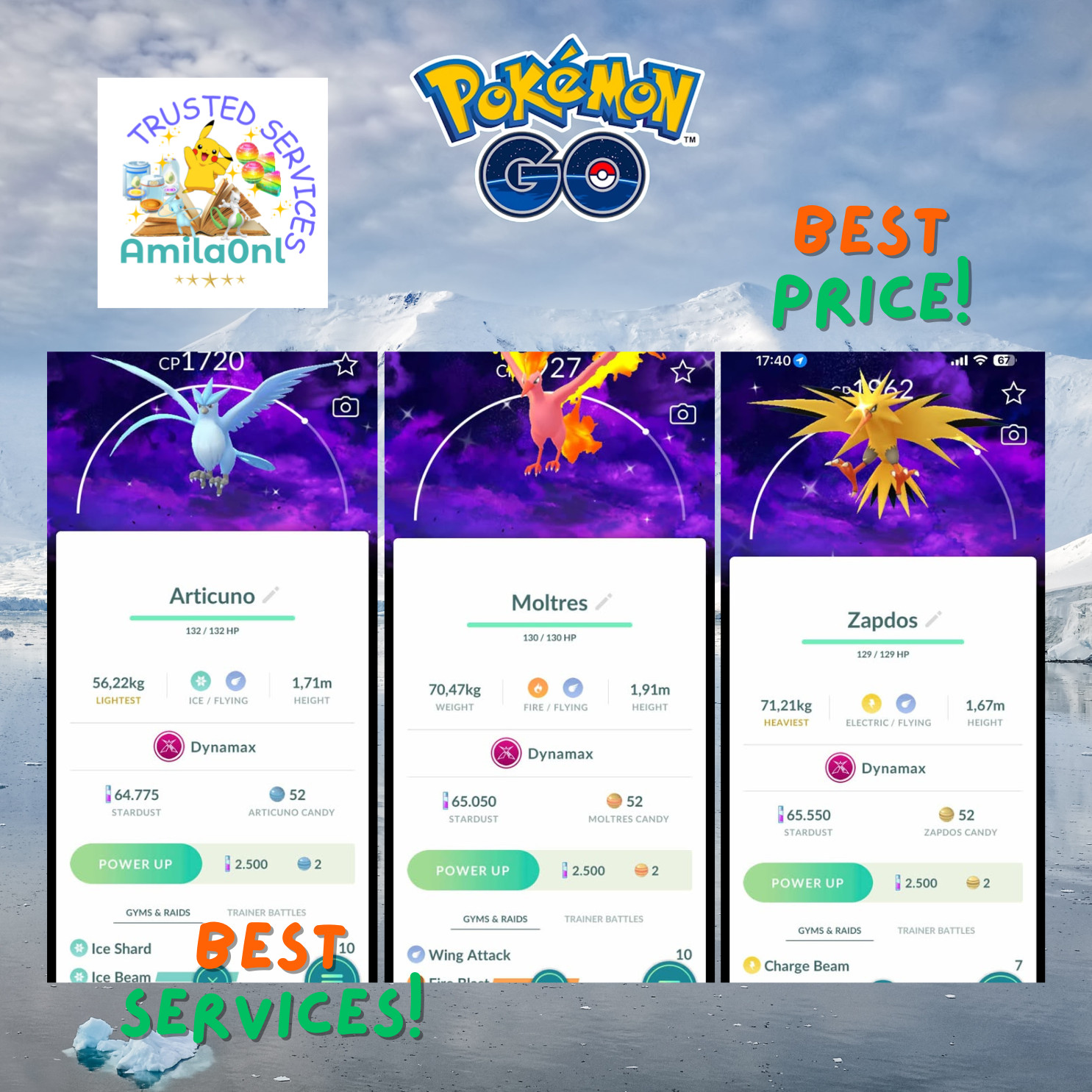 Pokémon go✿Shiny Dynamax Articuno✿Zapdos✿Moltres Background-Tr✿de 20k or PTC