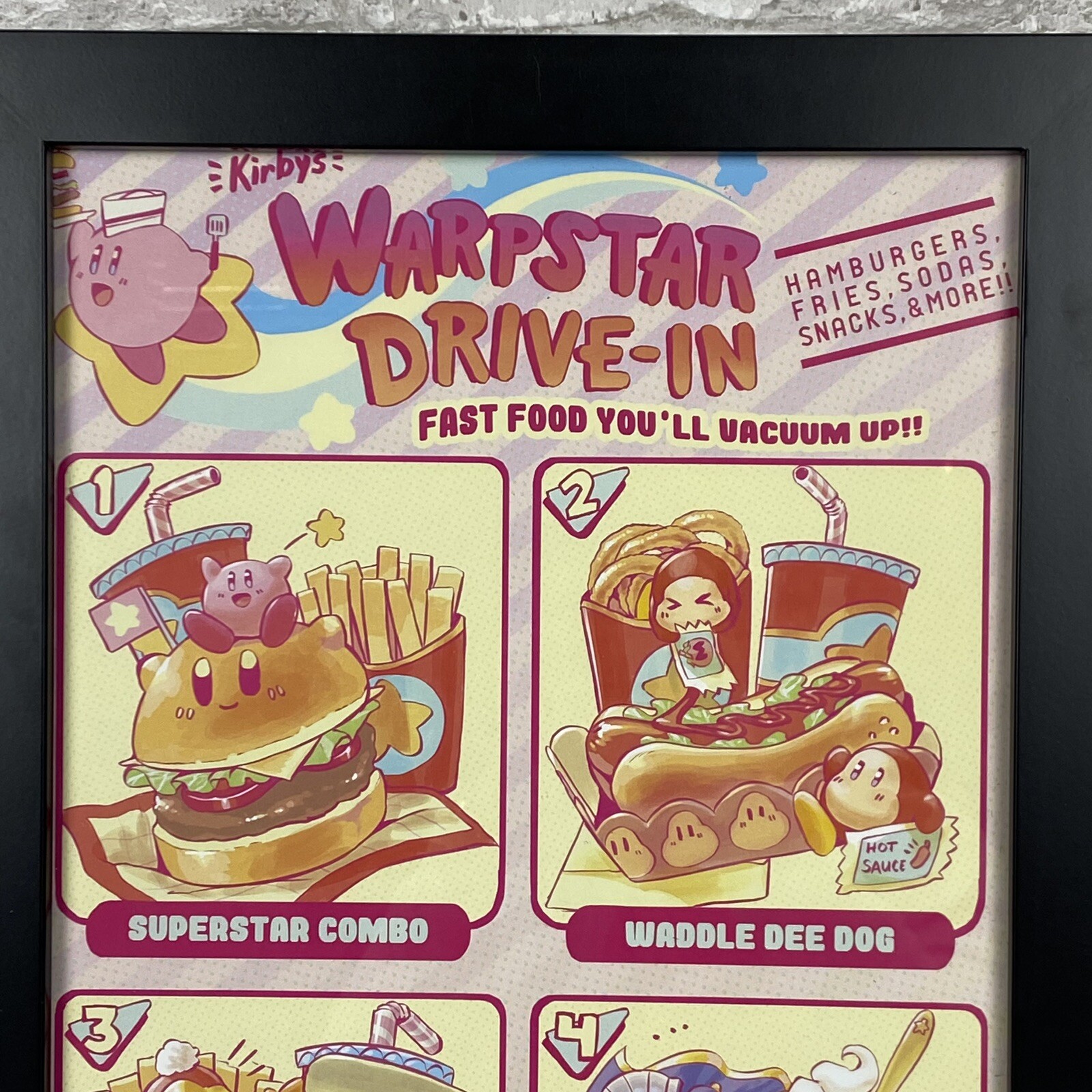 Rare Kirby’s Warpster Drive-in And NintenNoms Cafe Promo Poster Page Framed Art