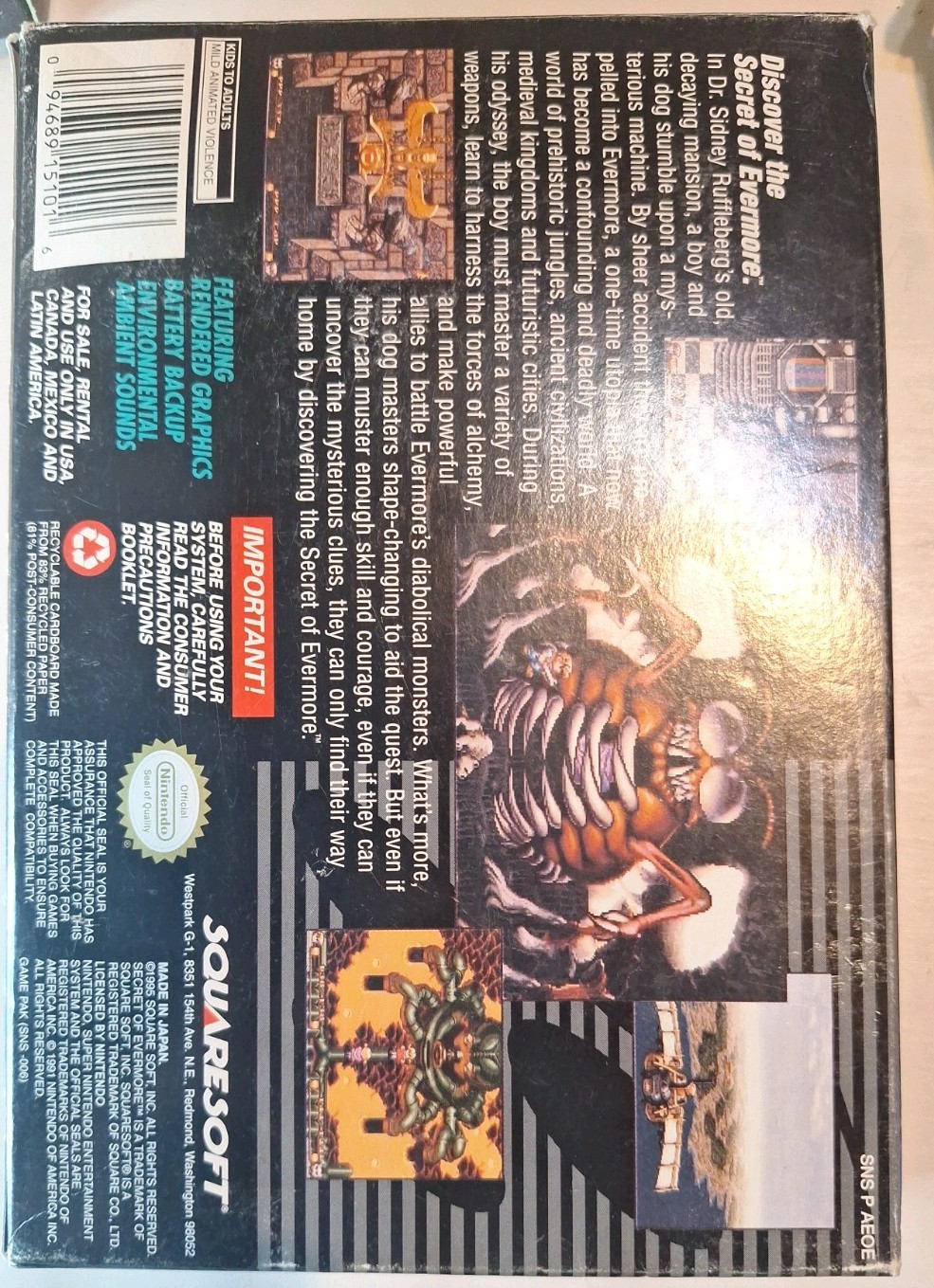 Secret of Evermore SNES 1995 Complete in Box with Poster & Instruction Guide
