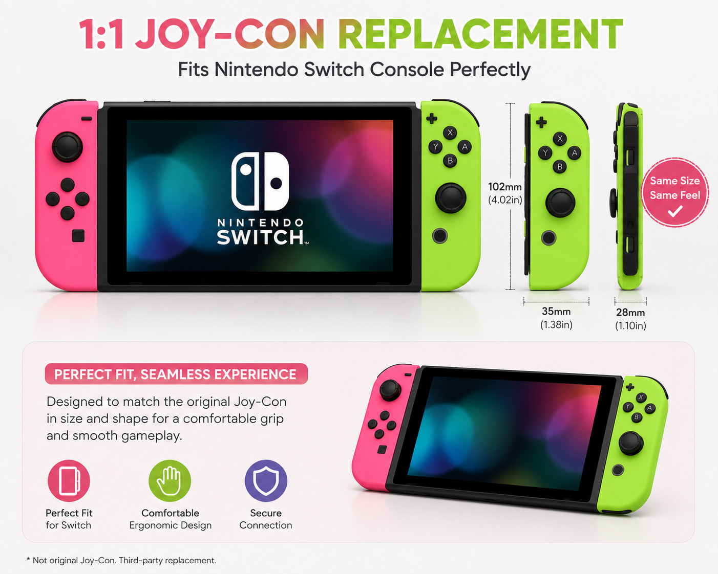 Compatible Wireless Controller Pair for Nintendo Switch L/R Joy Pad Pink Green
