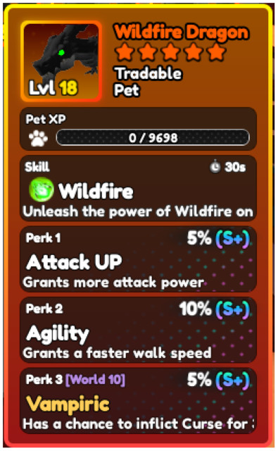 World Zero WZ – PET with PERFECT PERKS – WILDFIRE DRAGON