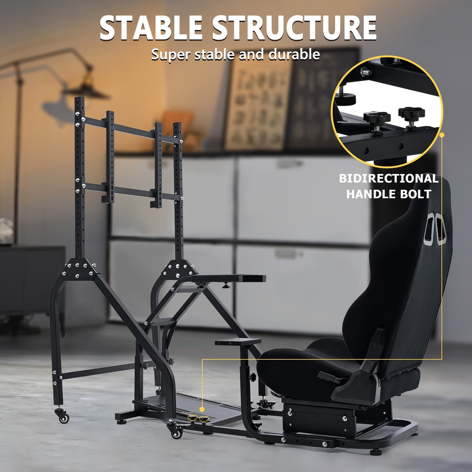 Marada Racing Simulator Cockpit With Black Seat And Monitor Stand For Logitech