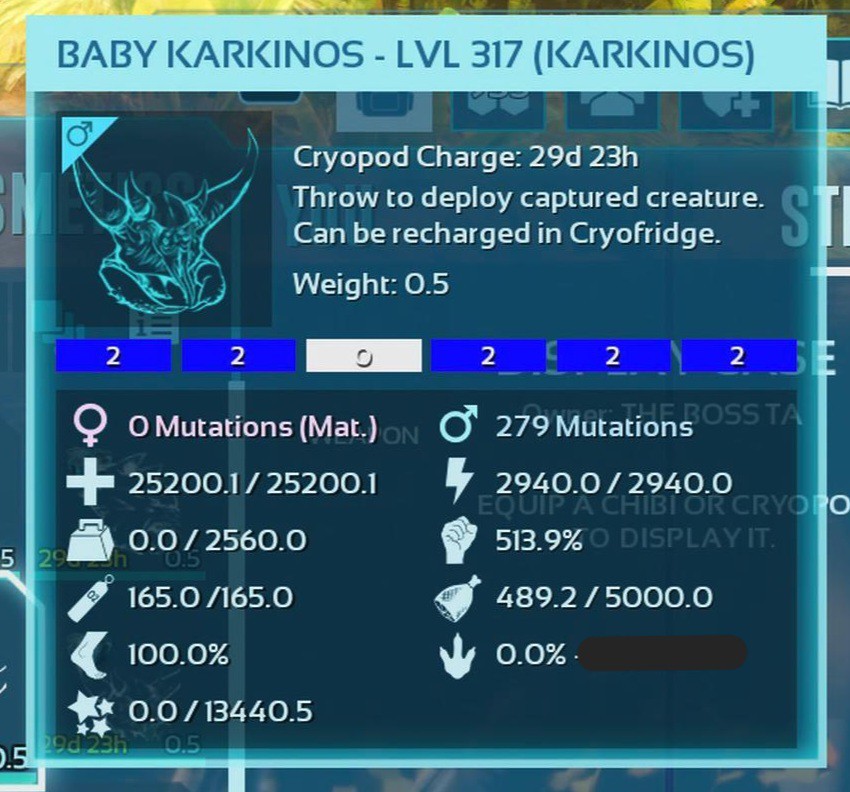 ARK ASCENDED PVE OFFICIAL PAIR BABY KARKINOS BLUE 25K HP 2.5K WEIGHT 513 MELEE