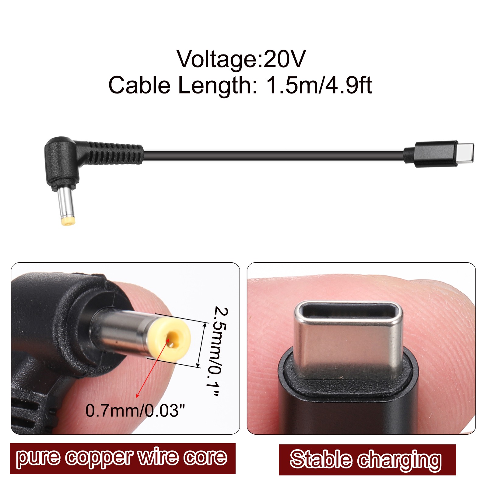 4.9FT USB C to DC PD Power Fast Charging Cable, 2.5mmx0.7mm 65W/20V(Black)