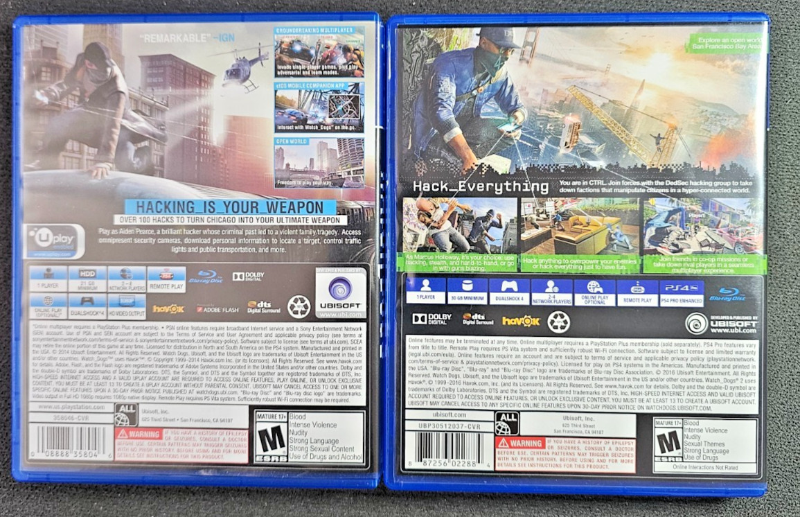 WATCH DOGS and WATCH DOGS 2 – PlayStation 4 -UBISOF – PS4 Video Games (BUNDLE)