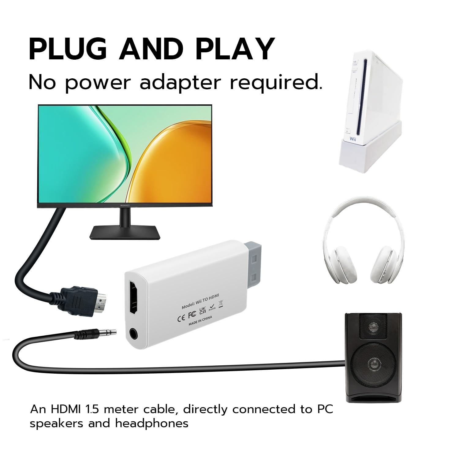 Wii to HDMI Adapter Converter 1080P with 1.5m Cable for Wii Video Audio