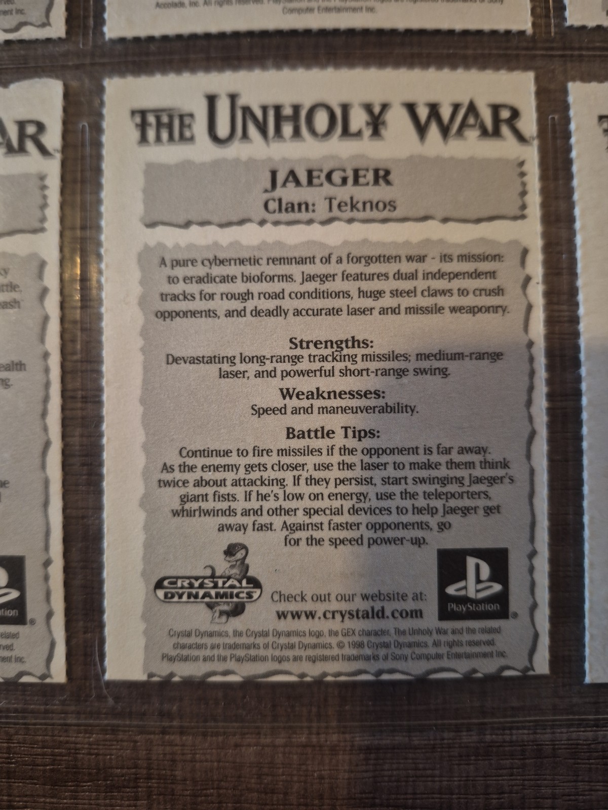 Vintage The Unholy War PlayStation 1 One character card sheet Crystal Dynamics