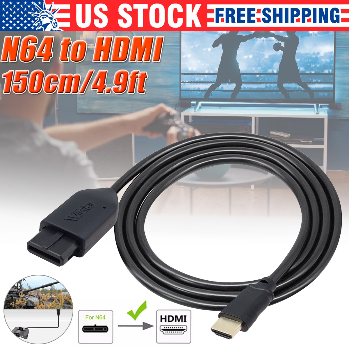 4.9ft N64 To HDMI Converter HD Link Adapter Cable for Nintendo/Gamecube/SNES/SFC