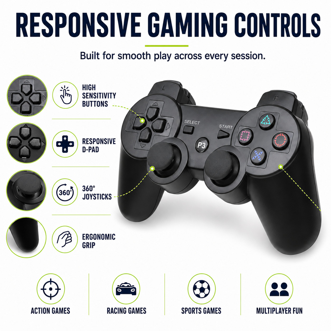 For PS3 Wireless Controller High Sensitivity Buttons Dual Vibration Ergonomic