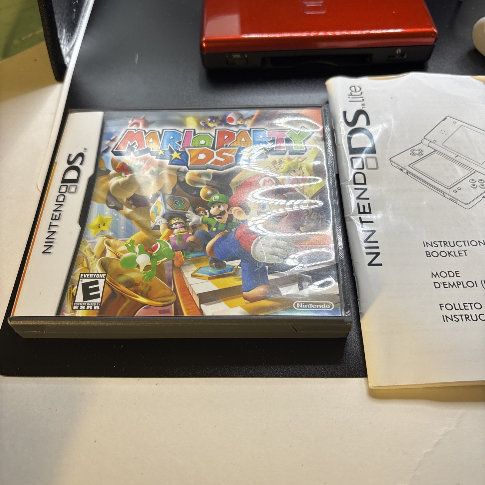 Red Nintendo DS Lite Console Tested Works W/ Nintendo Carrier & Mario Party Game