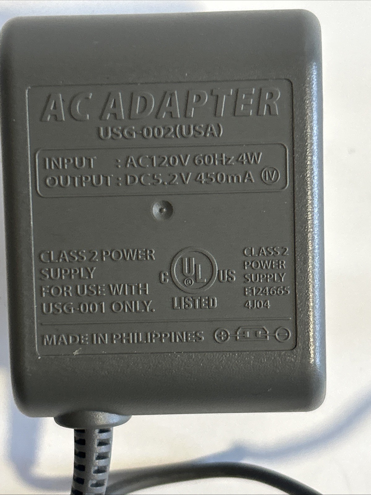Nintendo AC Adapter USG -002 (USA) AC120V 60Hz 4W DC 5.2V 450mA C3CFU30 USG-001