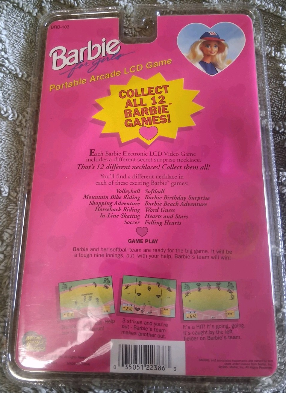 New Vintage 1995 Barbie Portable Arcade LCD Game “Softball” w/ necklace NIB Rare