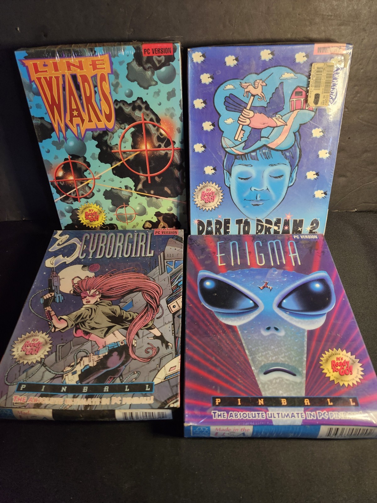 1994 FACTORY SEALED ENIGMA, CYBORGIRL, LINE WARS + MS DOS PC Big Box Game LOT