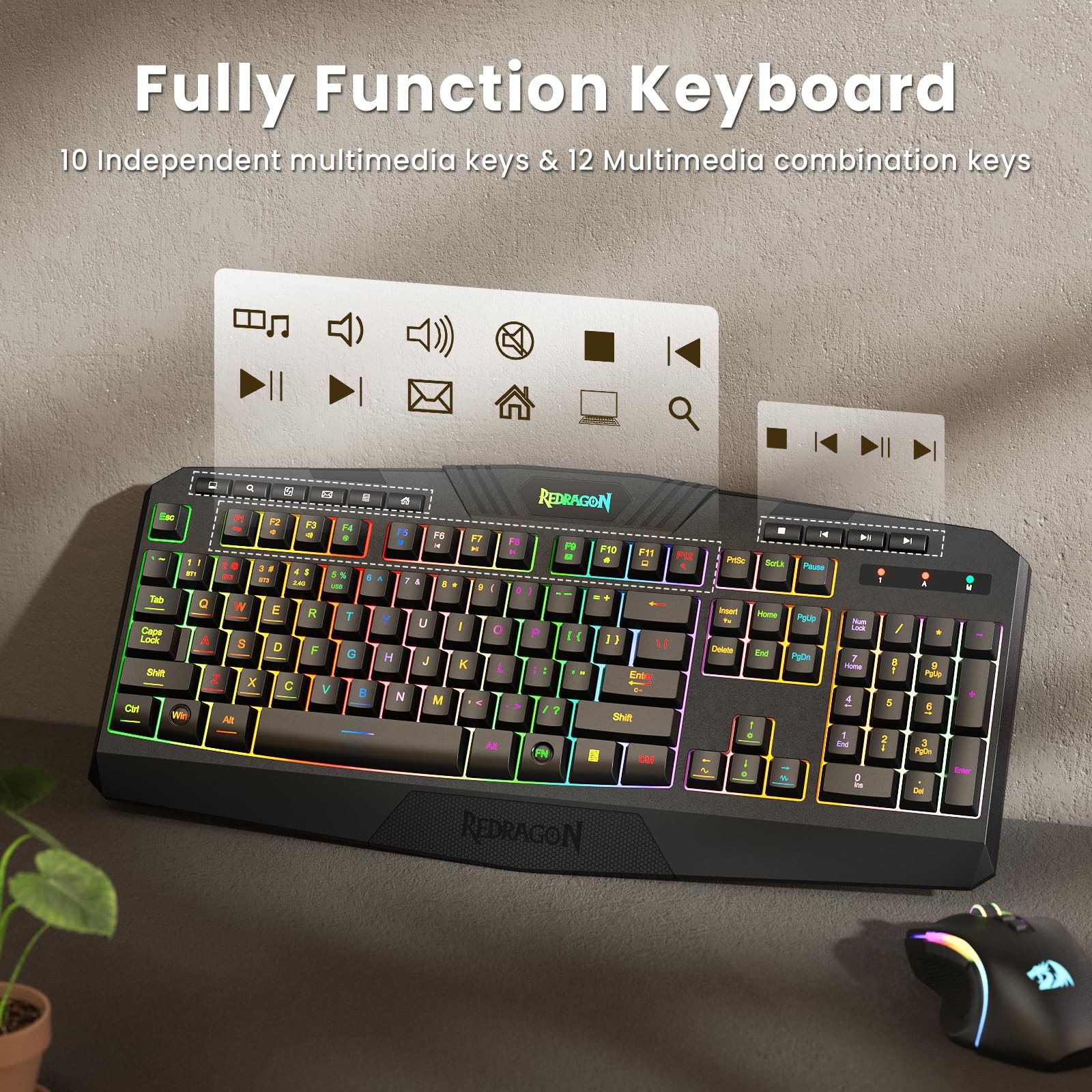 Redragon S101M-Ks Gaming Keyboard And Mouse Wireless Tri-Mode Rgb Keyboard And