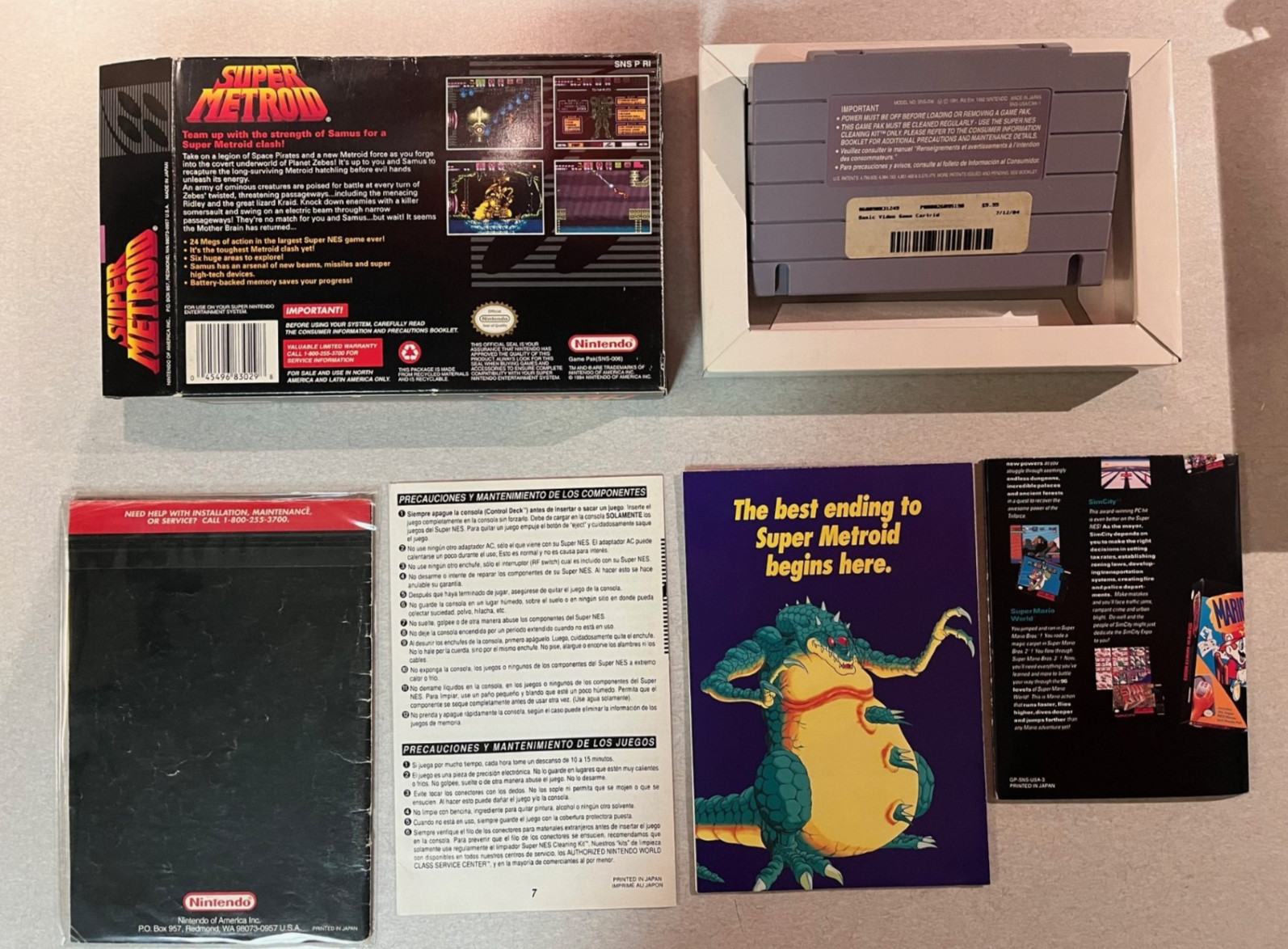 SNES Super Metroid CIB + Inserts Good Condition / Clean & Tested