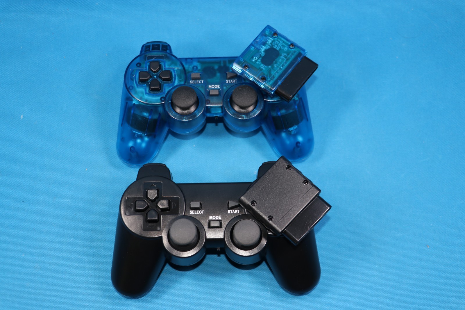 FOR PLAYSTATION 2 PS2 PS1 Dual Vibration WIRELESS Controllers CLEAR BLUE & BLACK