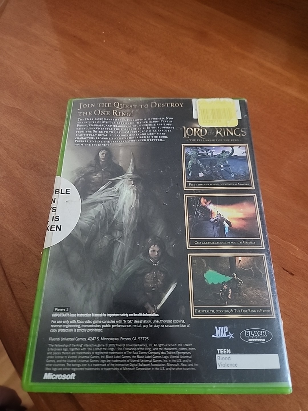 Lord of the Rings Fellowship of the Ring Xbox CIB Complete w/ Card, Manual & Reg