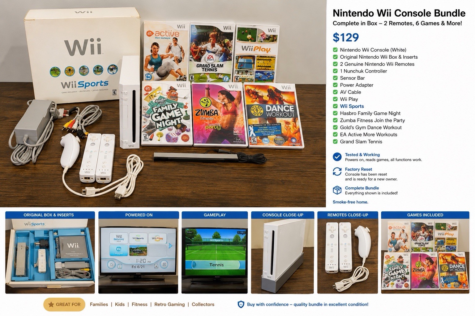 Nintendo Wii Console Bundle Complete in Box – 2 Remotes, Wii Sports & 6 Games