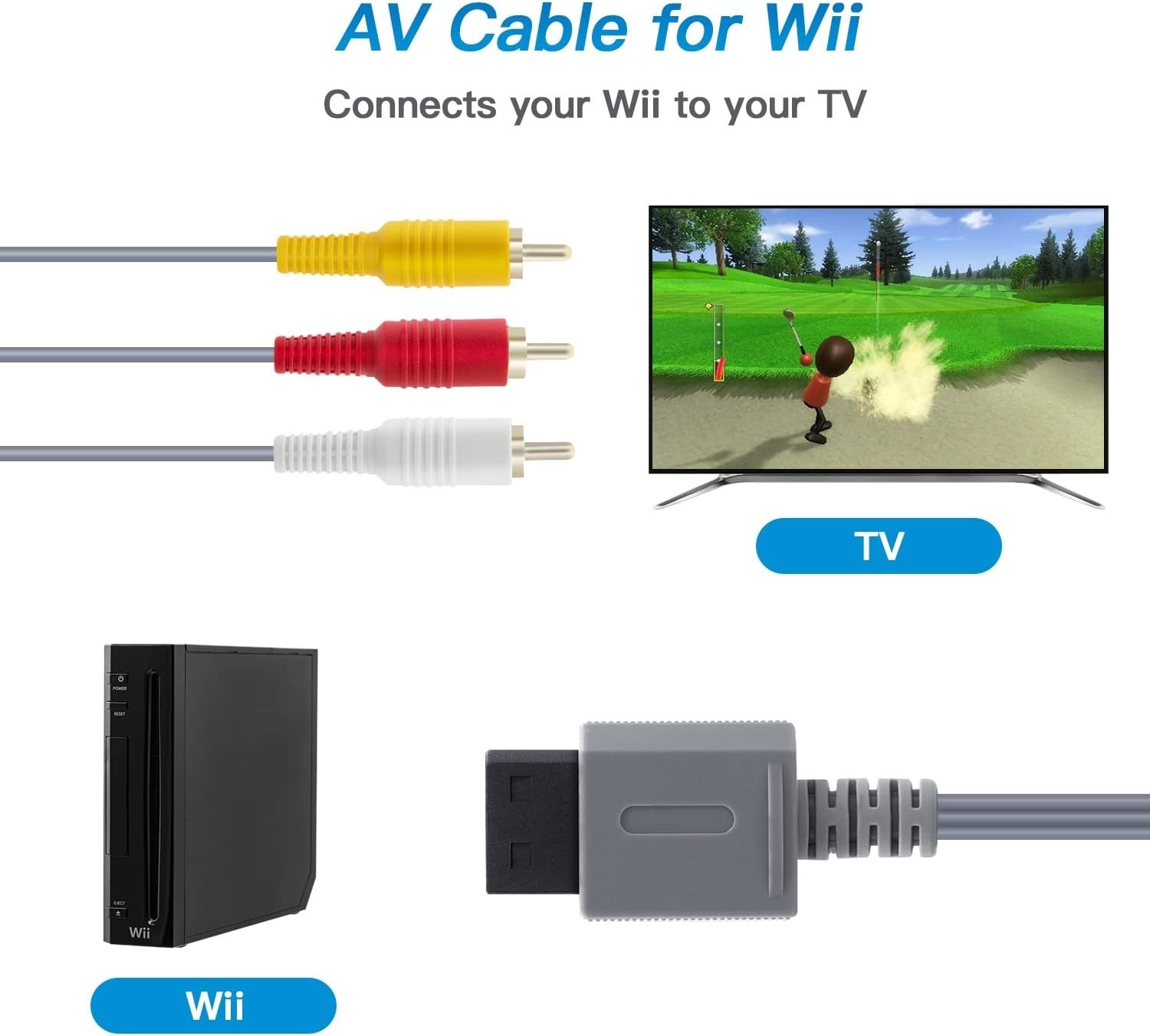 6FT Gold-Plated AV Cable for Wii and Wii U – Perfect for TV Connection