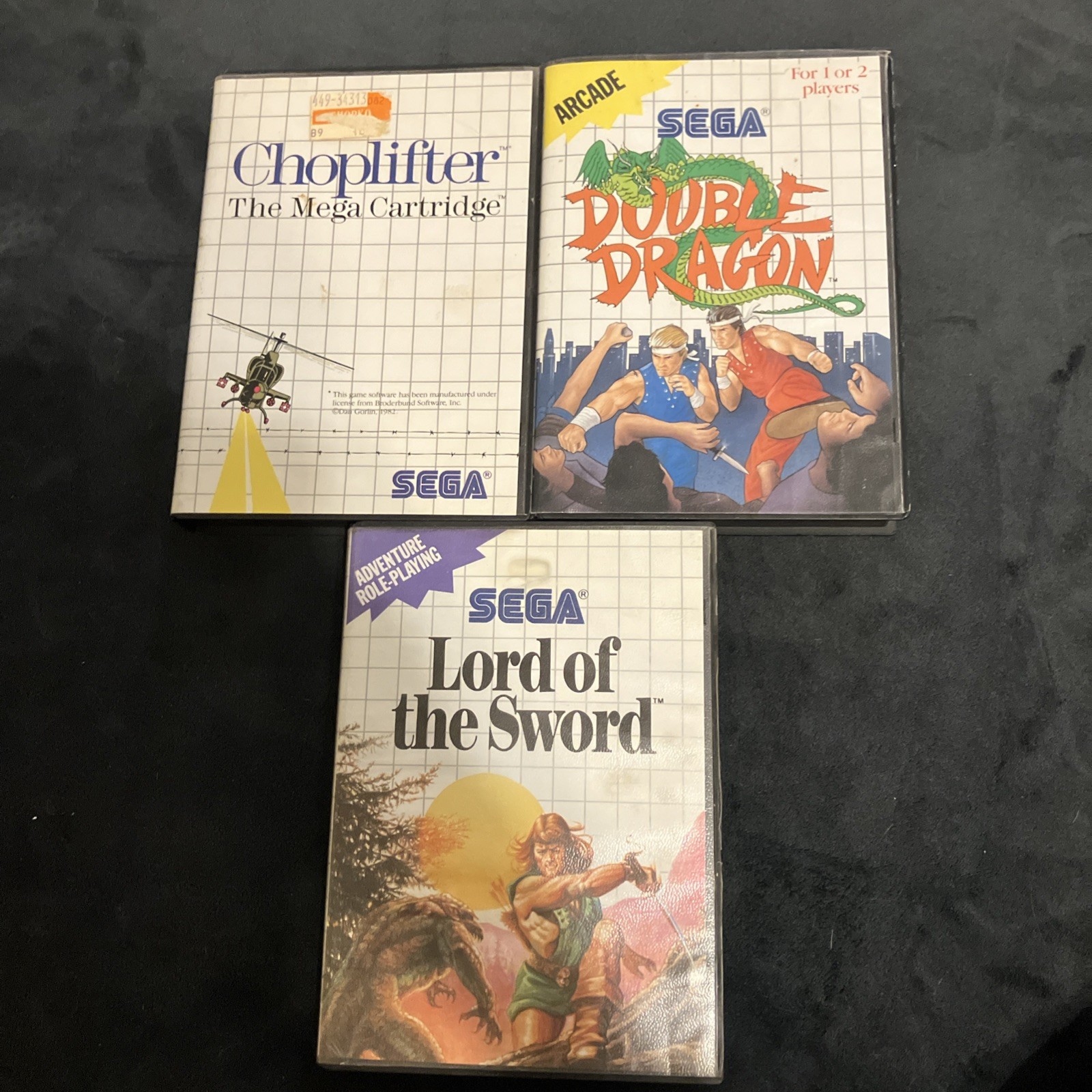 Sega Master System – Double Dragon, Choplifter, & Lord of the Sword – w/cases