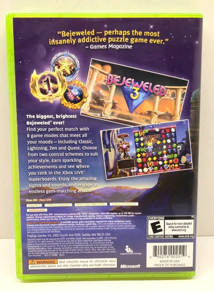 Bejeweled 3 (Microsoft Xbox 360, 2011) Complete Game CIB – Tested