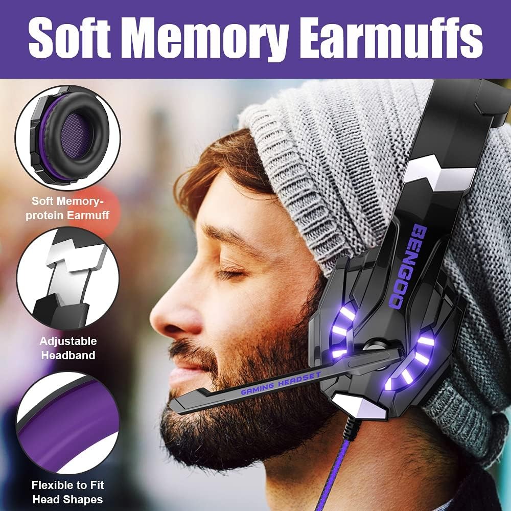 BENGOO G9000 Stereo Gaming Headset for PS5, PS4, PC, Xbox One Purple