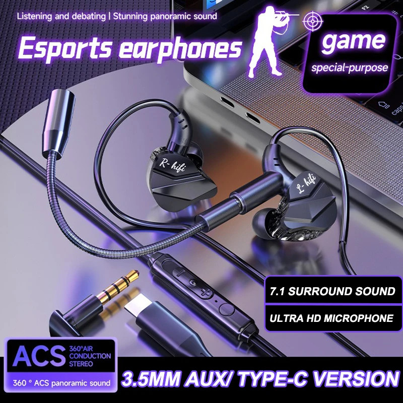 Gaming Earbuds 7.1 Surround Dual Mic Wired In-Ear PUBG Headset 3.5mm/Type-C