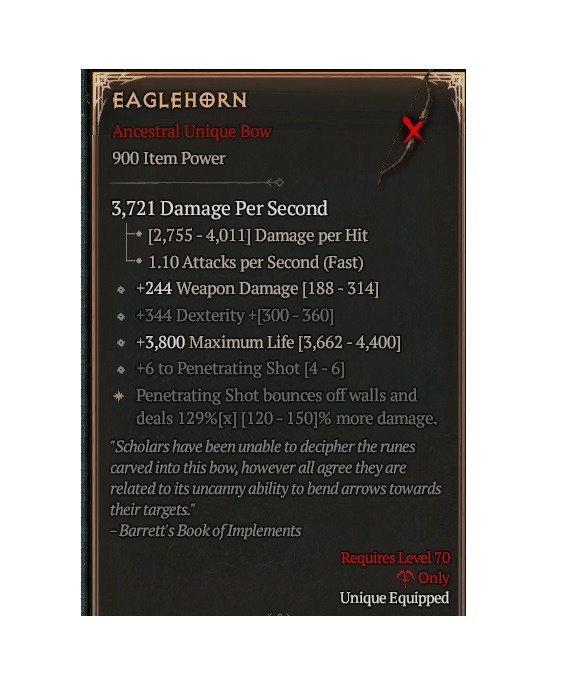 Diablo 4 Season 14 Eaglehorn 0GA 129 Unique Rogue Weapon Bow Item Gear Equipment