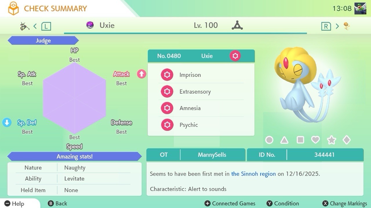 BDSP Caught Legendaries Shiny/Non Shiny, 6IV, Level 100, EVs 6HP 252ATK 252SPE