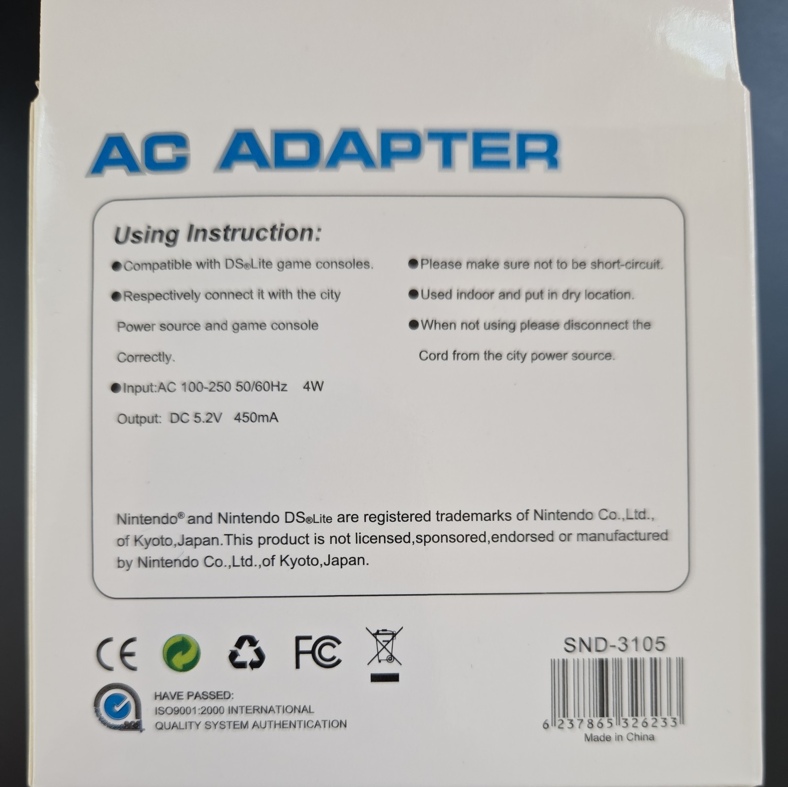 New AC Adapter Home Wall Charger Cable for Nintendo Ds Lite/ DSL/ NDS lite/ NDSL