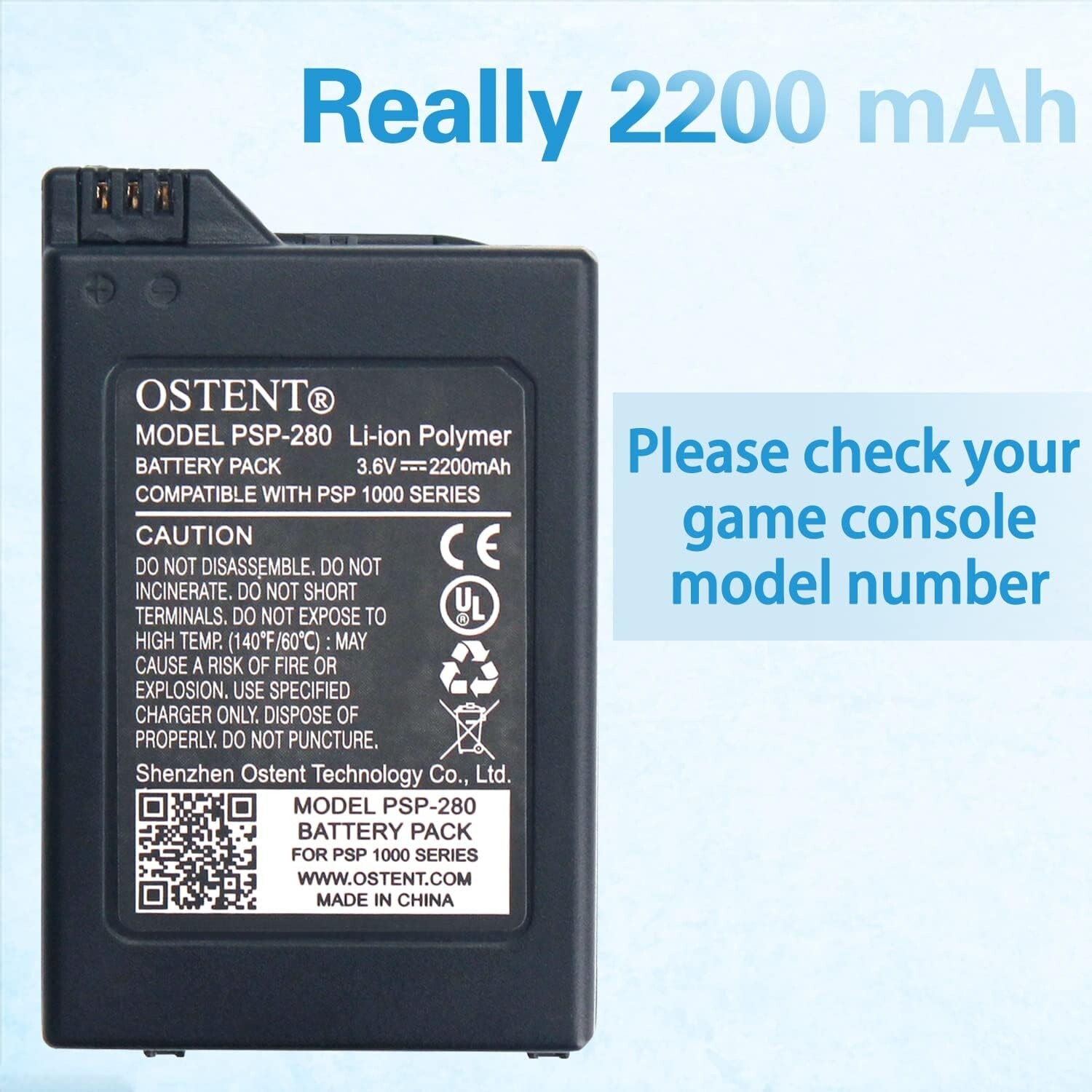 OSTENT 2200mAh 3.6V Lithium Ion Rechargeable Battery Pack for PSP 1000