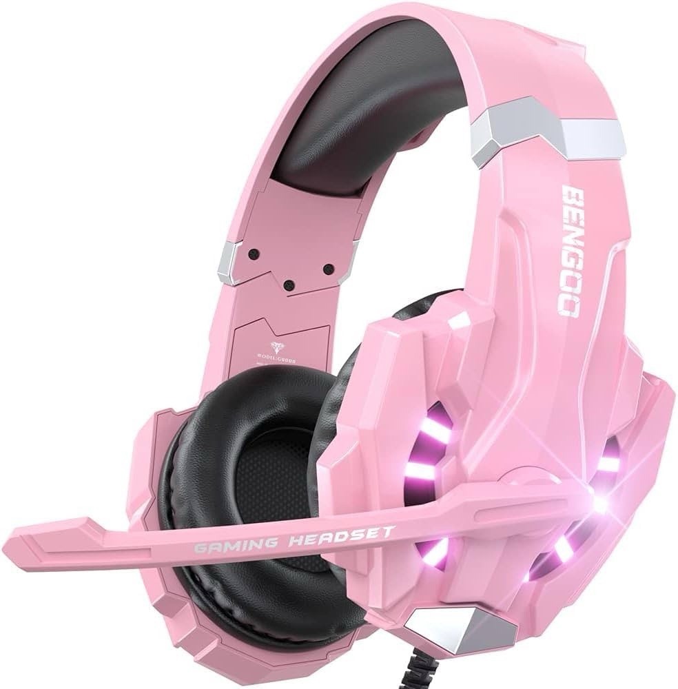 BENGOO 1100 Series USB/3.5mm Wired Over-Ear Headset Boom Mic Pink/Black