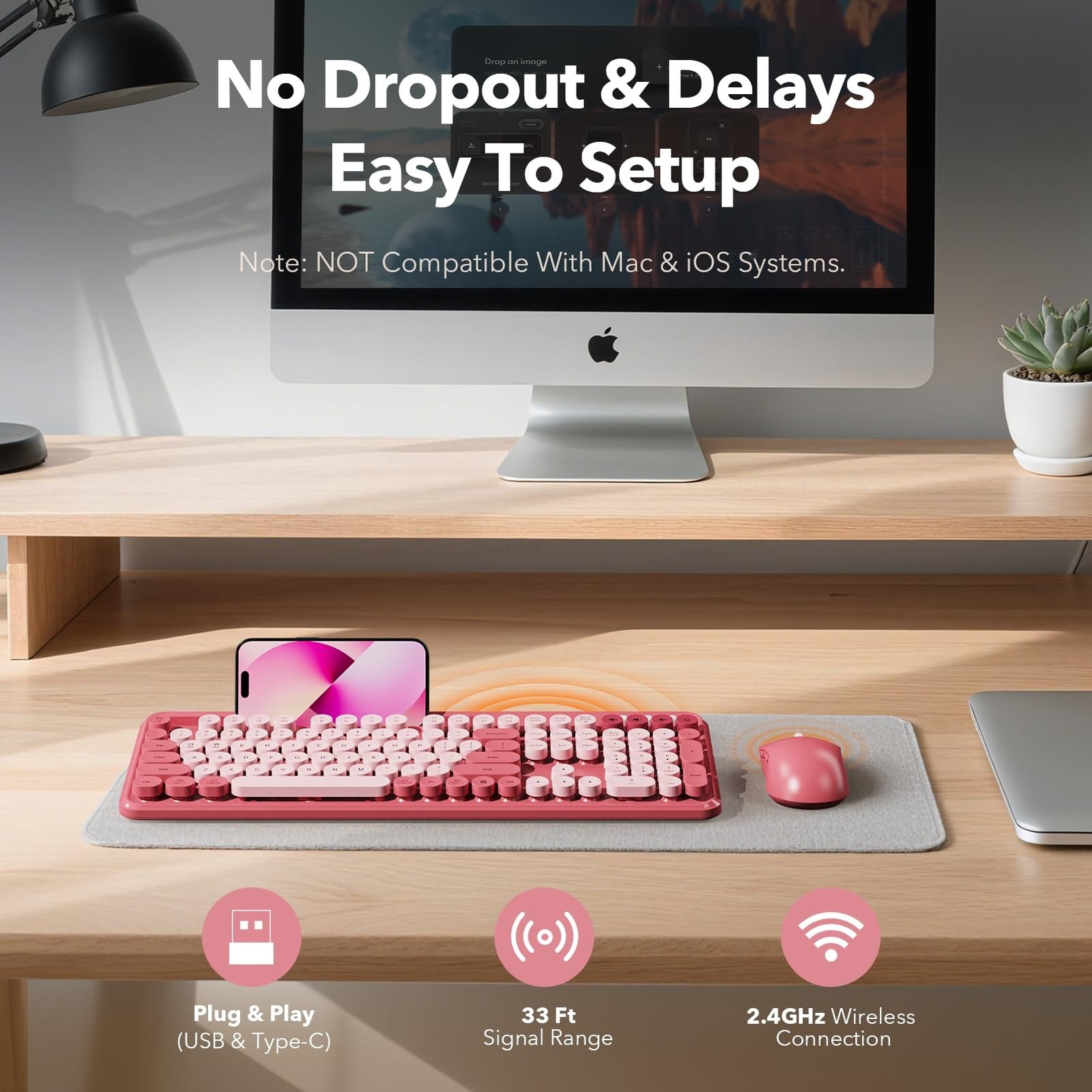 Wireless Keyboard and Mouse Combo, Cute Full-Size Typewriter-Style Keyboard, …