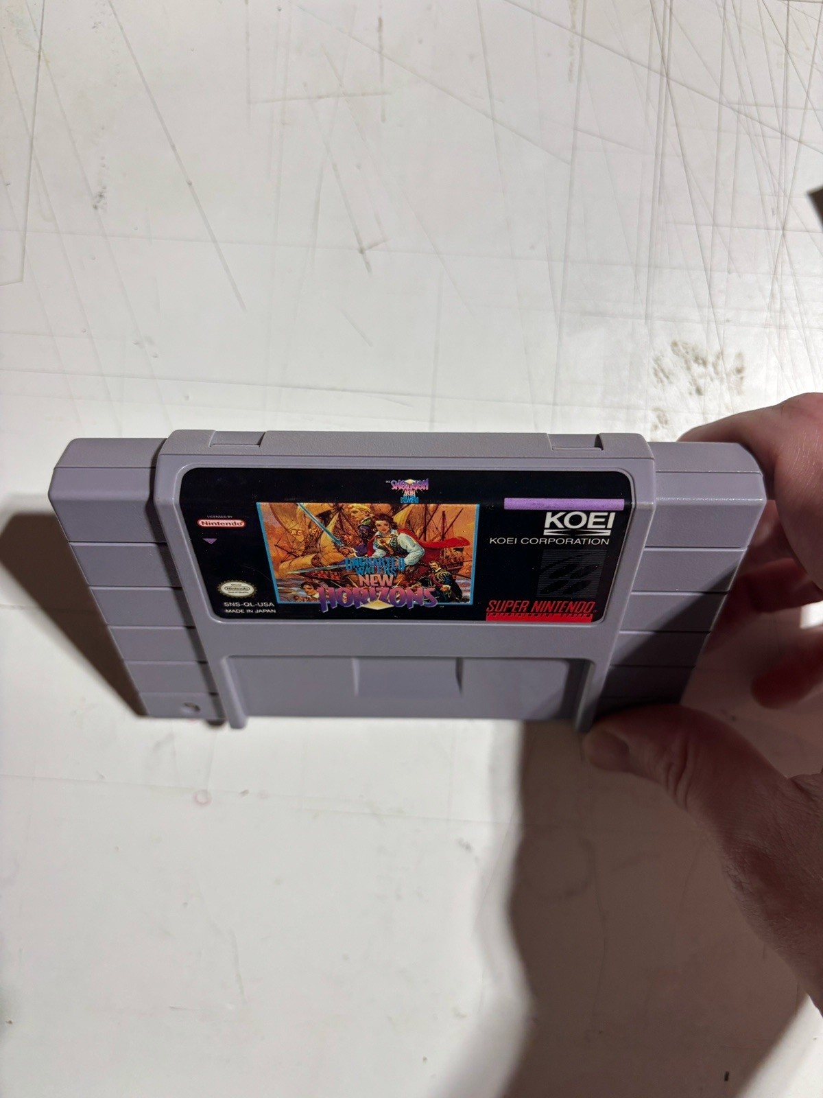Uncharted Waters New Horizons (SNES, 1994) Cartridge and map w water damage