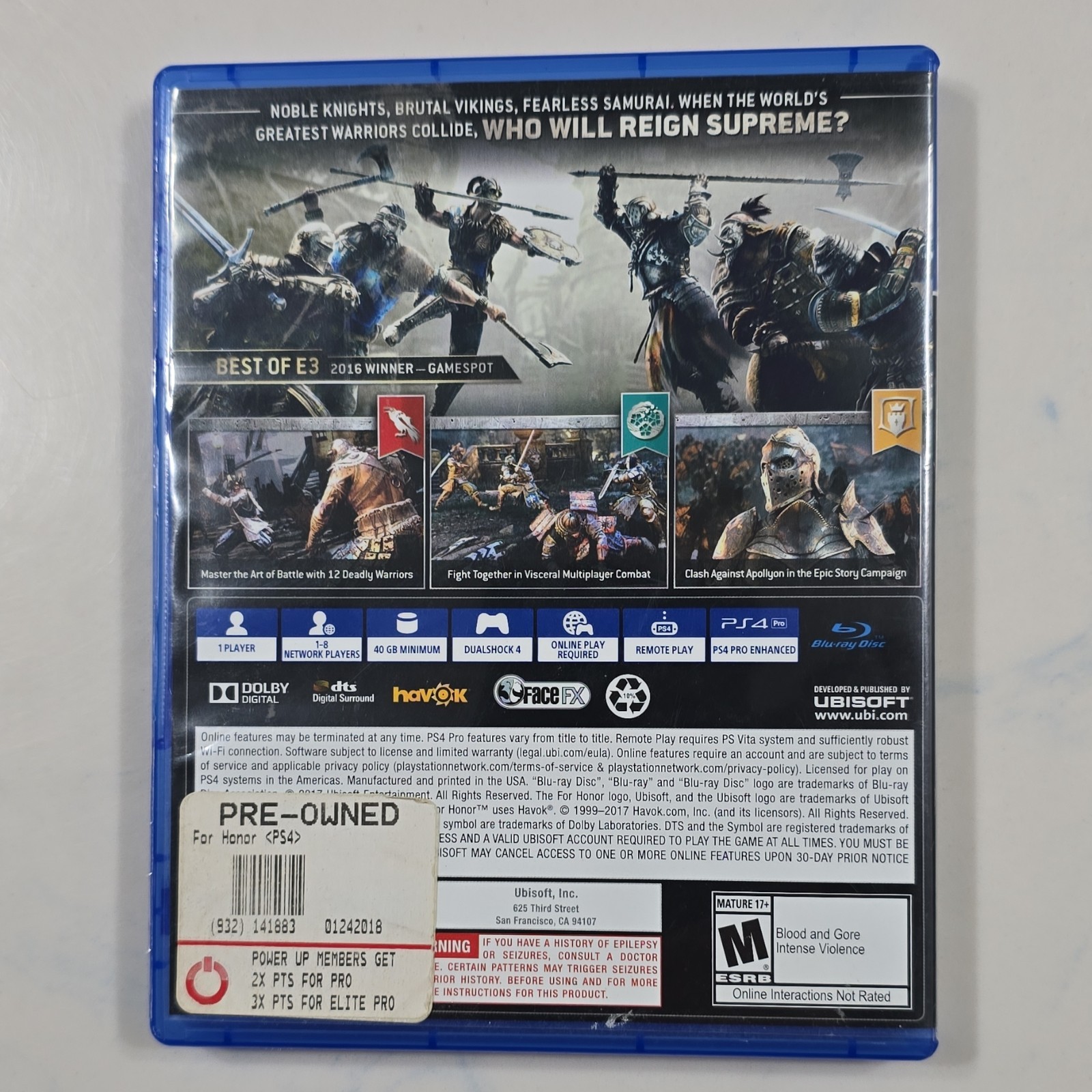 Ubisoft For Honor (PS4) M – Mature Action & Adventure, Online Playability