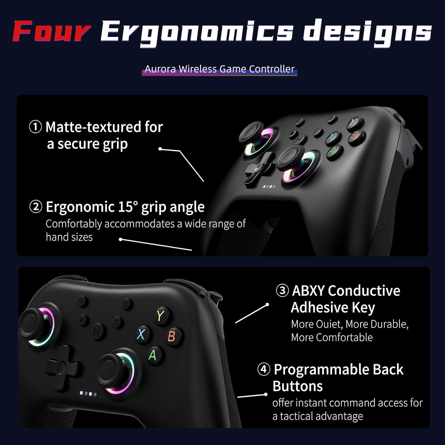 NEW AceGamer Aurora 2.4G Wireless BT Gaming Controller for PC/Back Buttons Lock