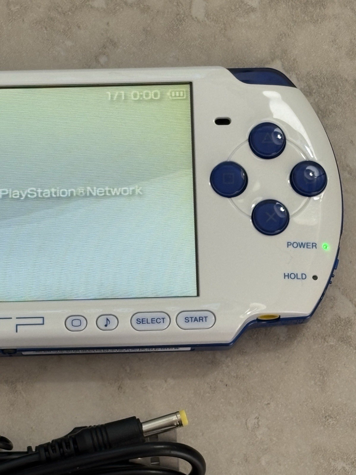 White & Blue Sony PSP 3000 System w Charger, And New Battery Bundle Excellent