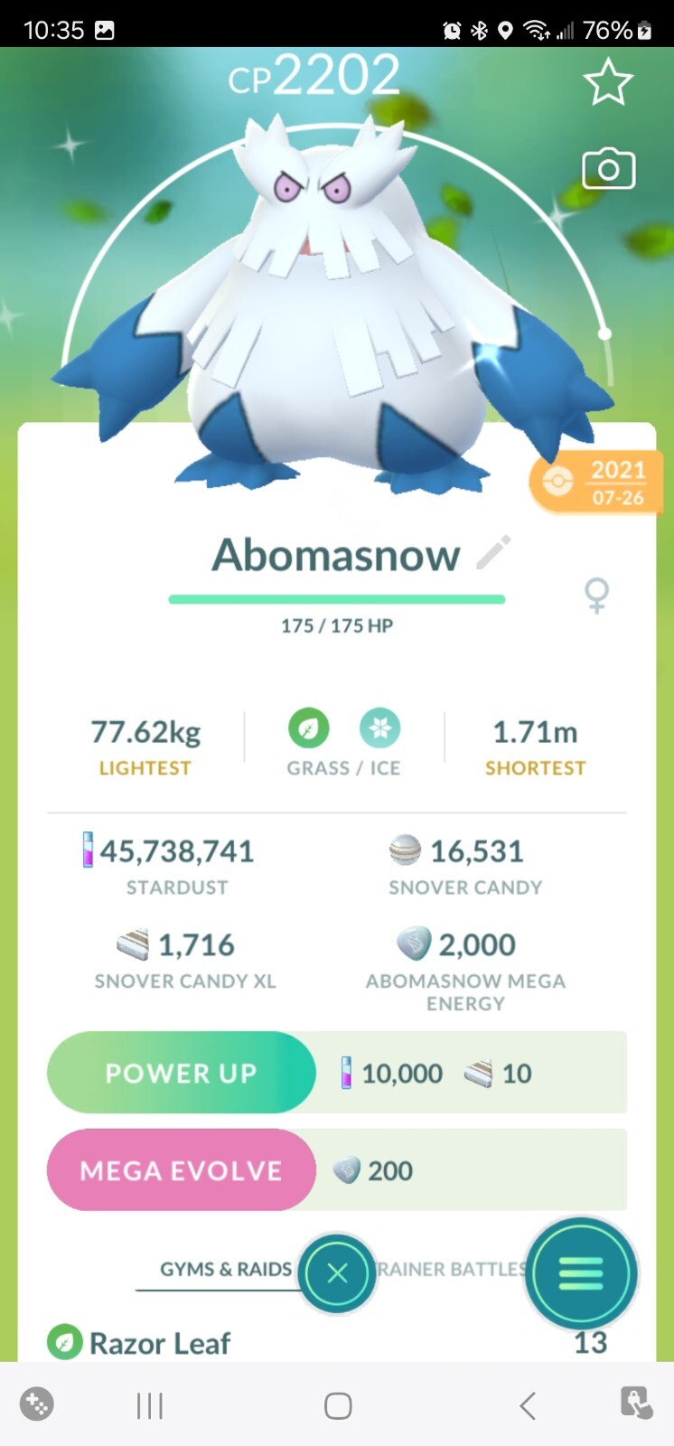 Pokémon Trade GO – Shiny Abomasnow Level 40 & 2nd Move unlocked for PVP Master