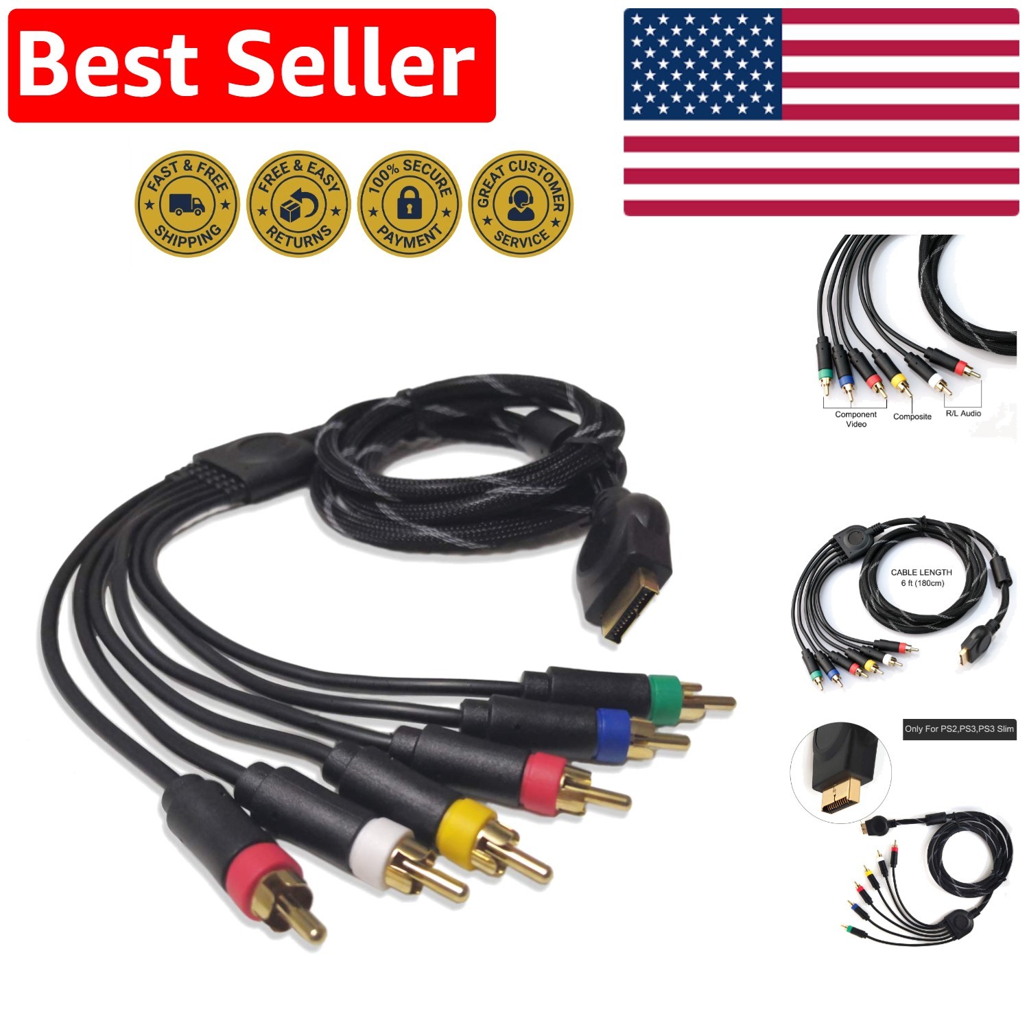 Connect Your PS2/PS3 with Ease – 6FT Component RCA Video Cable for HD Resolution