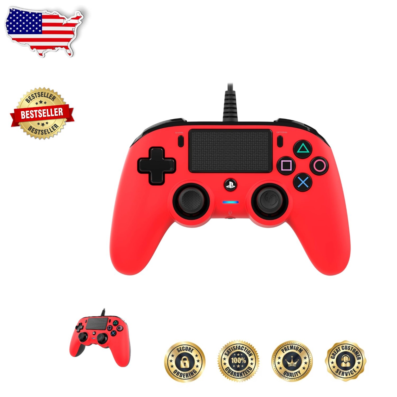 Red Wired PC Gamepad – Foldable, 14 Buttons, Headset Jack, Touchpad