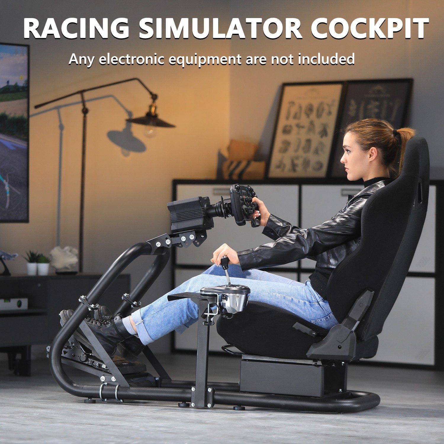 Marada Racing Simulator Cockpit with Black Seat fit Logitech G29 G923 G920 T300