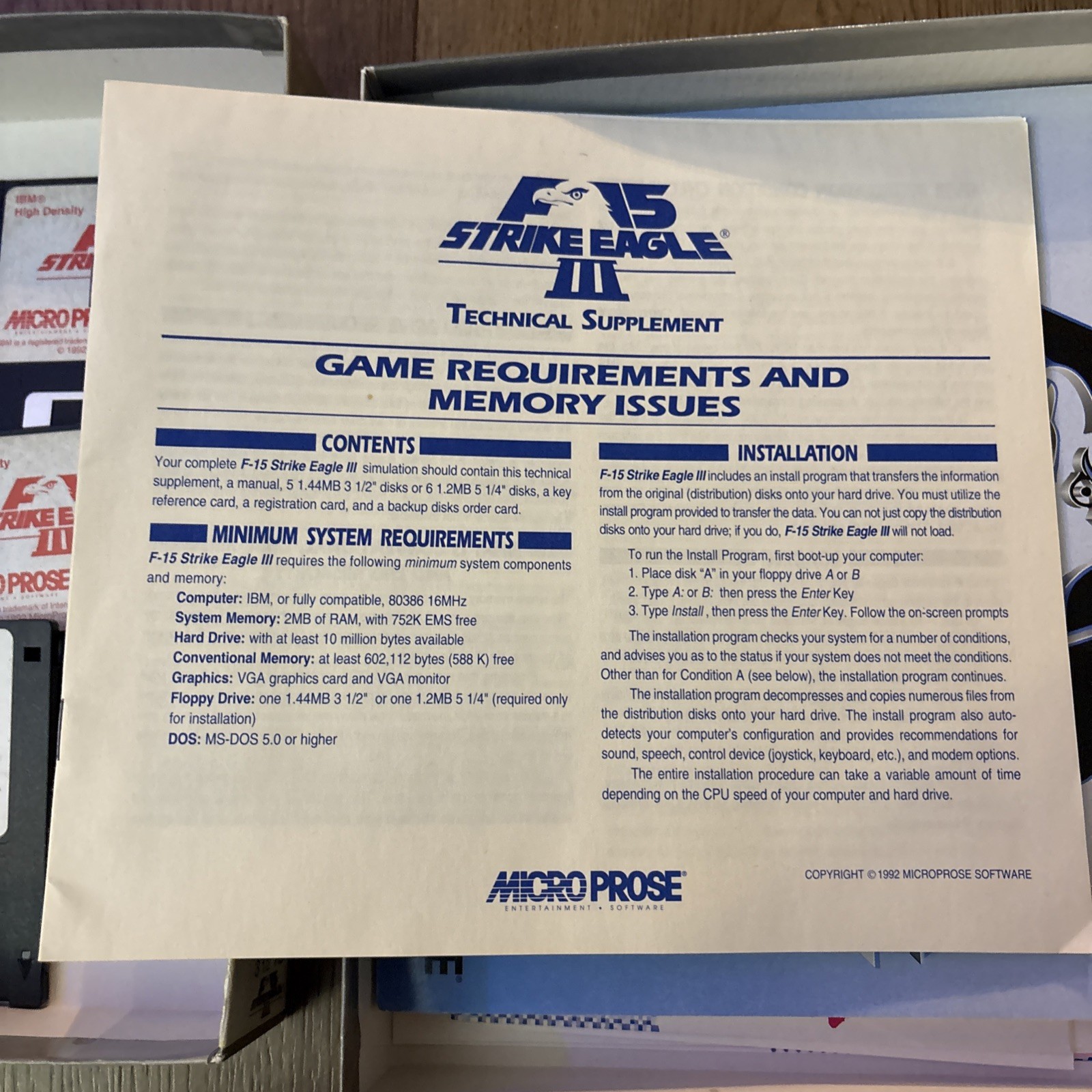 F-15 Strike Eagle III Air Combat 3.5” HD IBM PC Tandy 1992 Big Box Disc LE