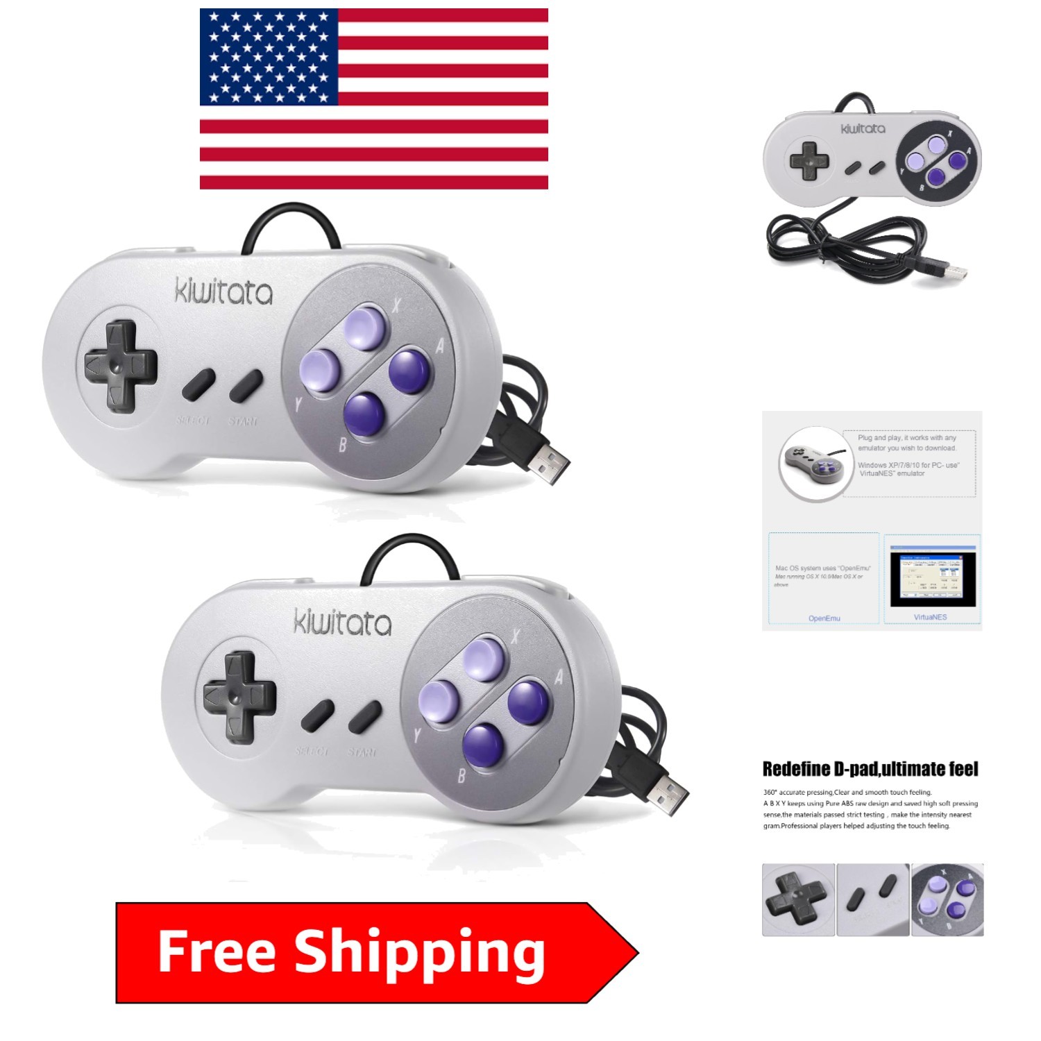 2X SNES USB Controllers with Ergonomic Design for Ultimate Comfort
