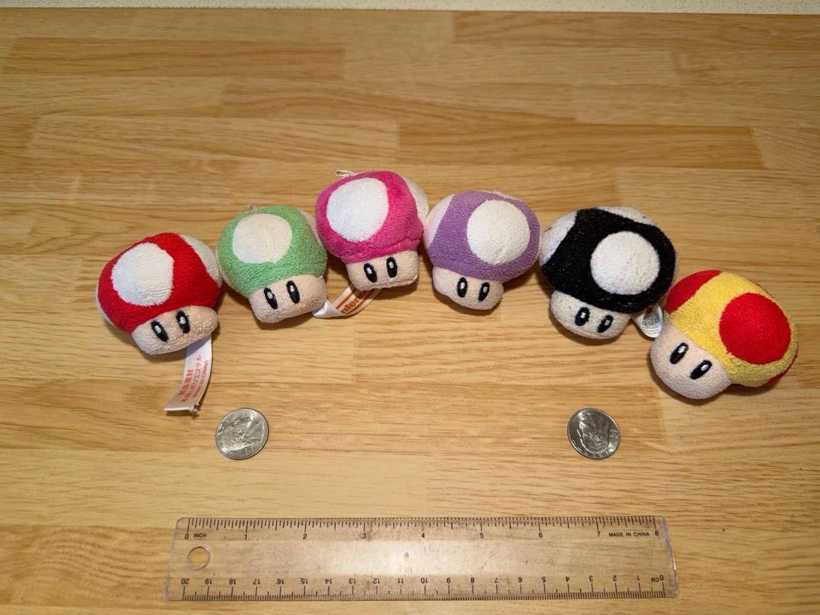 Lot of 2” Nintendo Mushroom Plushies Red Green Pink Purple Black Yellow Set of 6