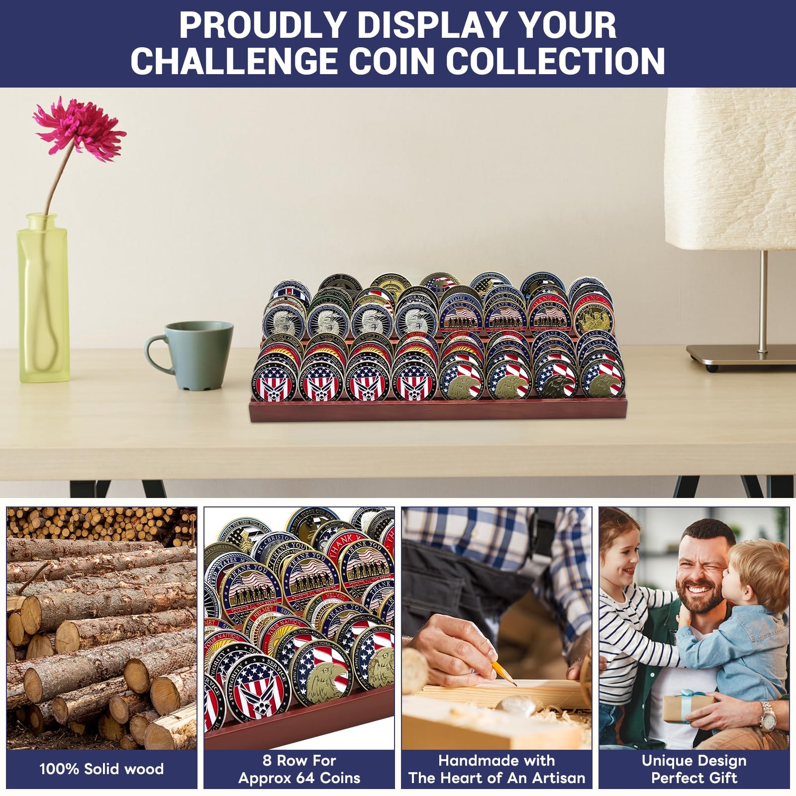 8 Rows Military Challenge Coin Stand Holders Display Case Holds 50-64 Coins