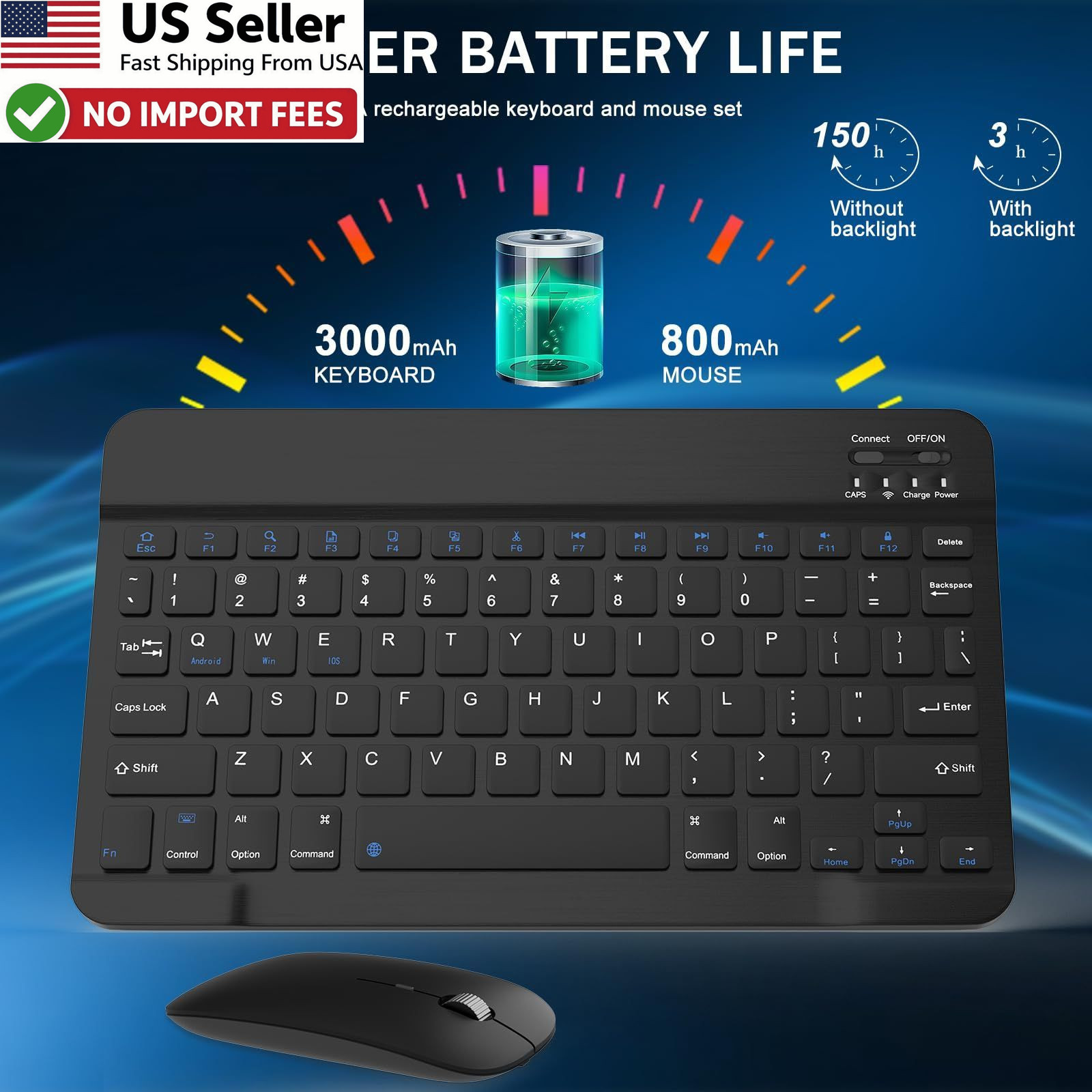Rechargeable Bluetooth Keyboard Mouse Combo Ultra-Slim Wireless Black FROM USA